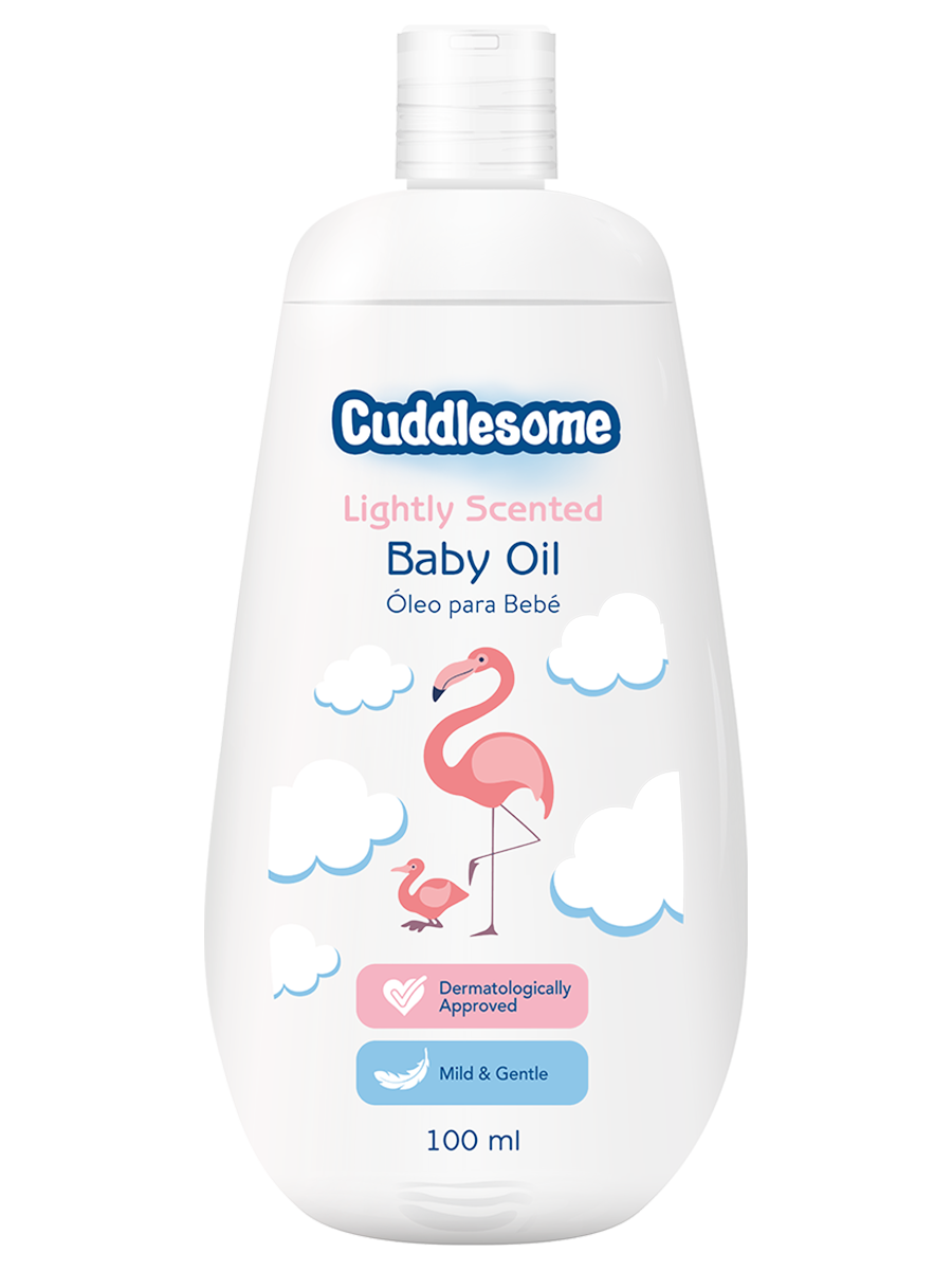 A bottle of Cuddlesome Baby Oil with a label featuring a pink flamingo and clouds.