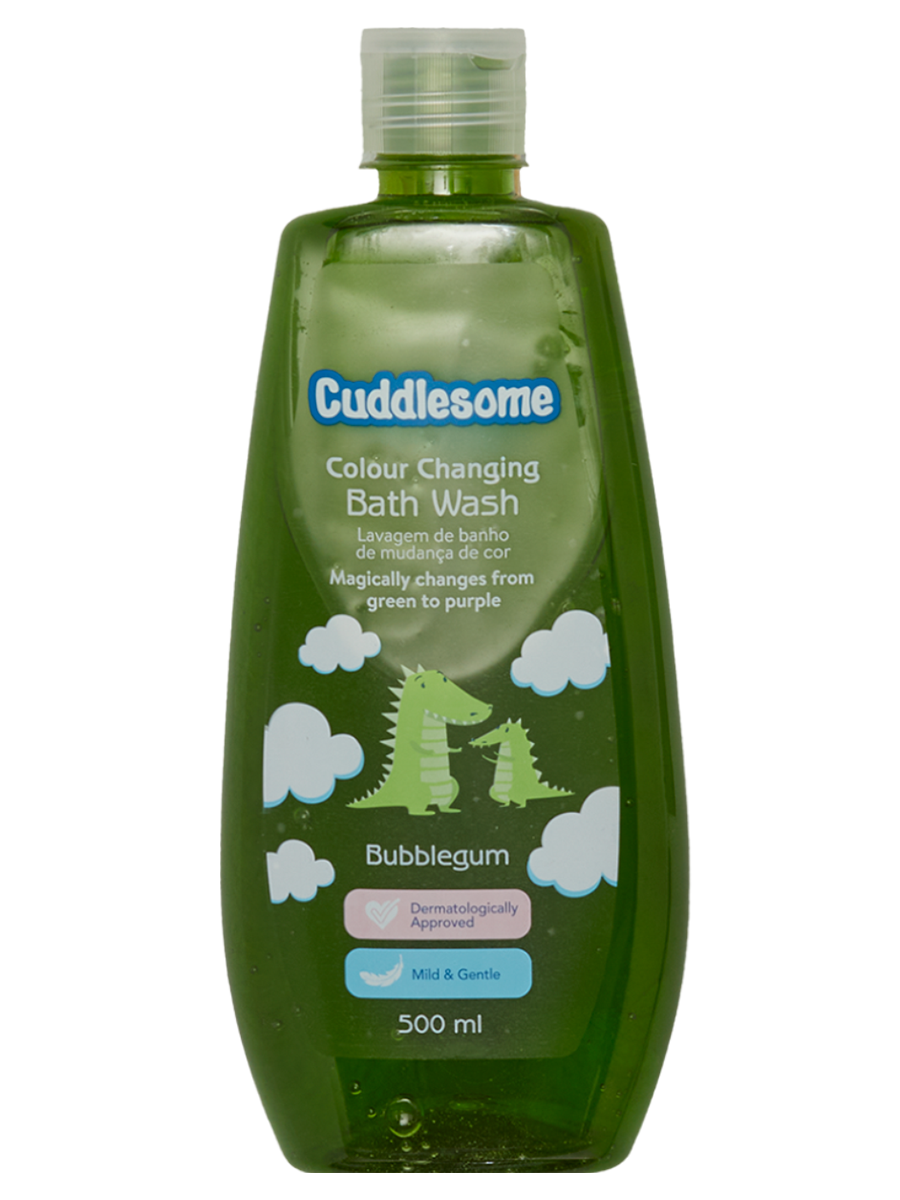 A bottle of Cuddlesome Colour Changing Bath Wash in bubblegum scent, with a label featuring green and purple colors and dinosaur illustrations.