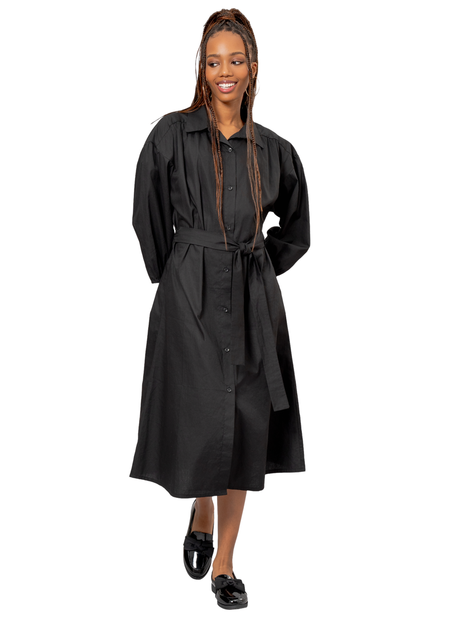 Tie-Belt Tunnel Shirt Dress Black